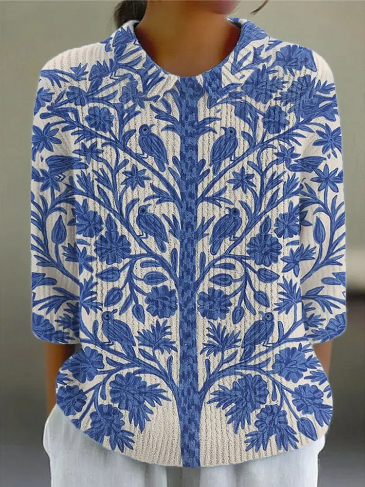 Women's Vintage Flower Art Print Casual Pullover Sweater