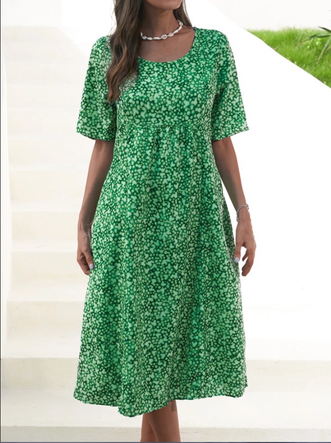 New round Neck Short Sleeve Floral Midi Tunic Dress