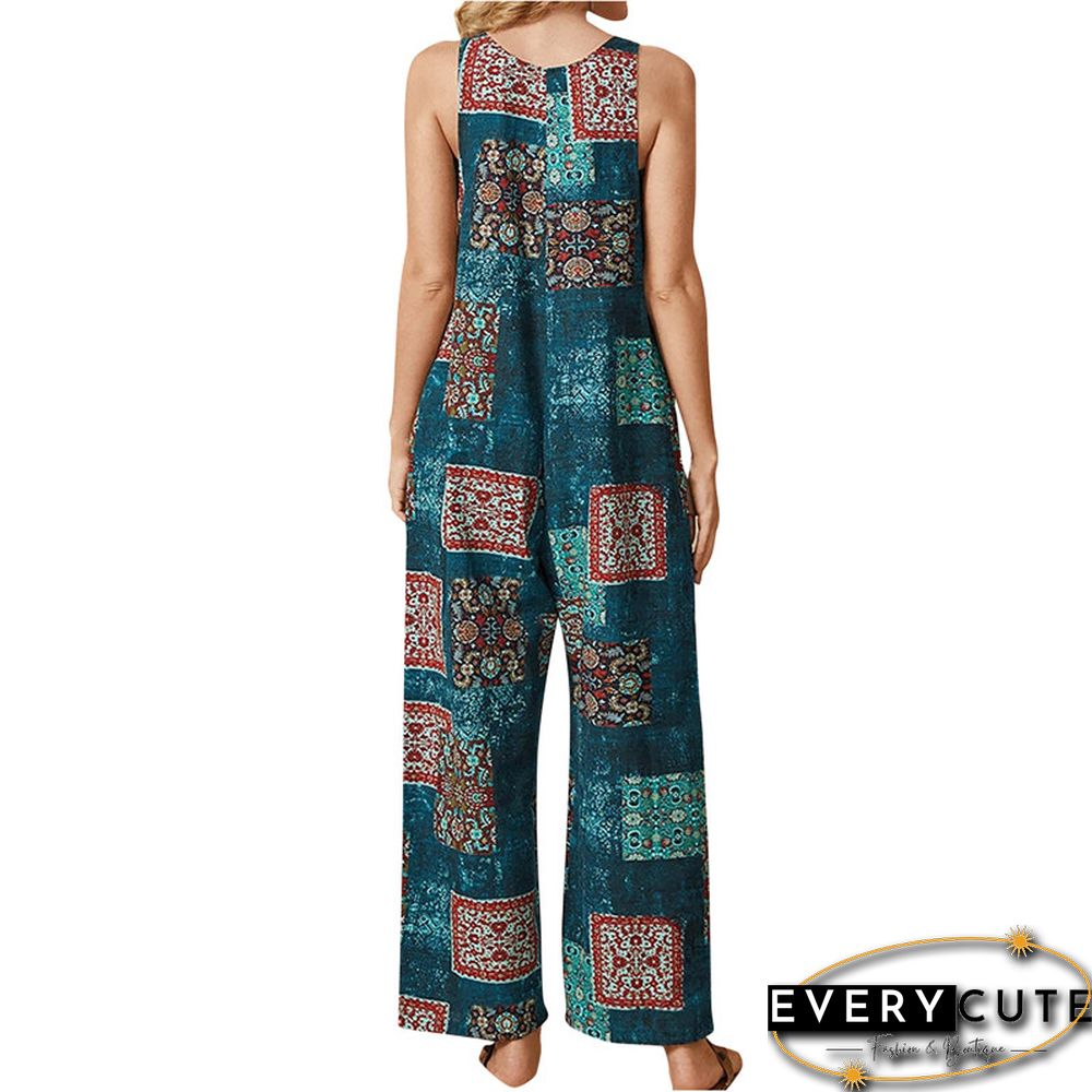 Women Summer Baggy Retro Jumpsuit Vintage Printed Loose Casual Sleeveless Overall Long Romper Playsuit Trousers Pants