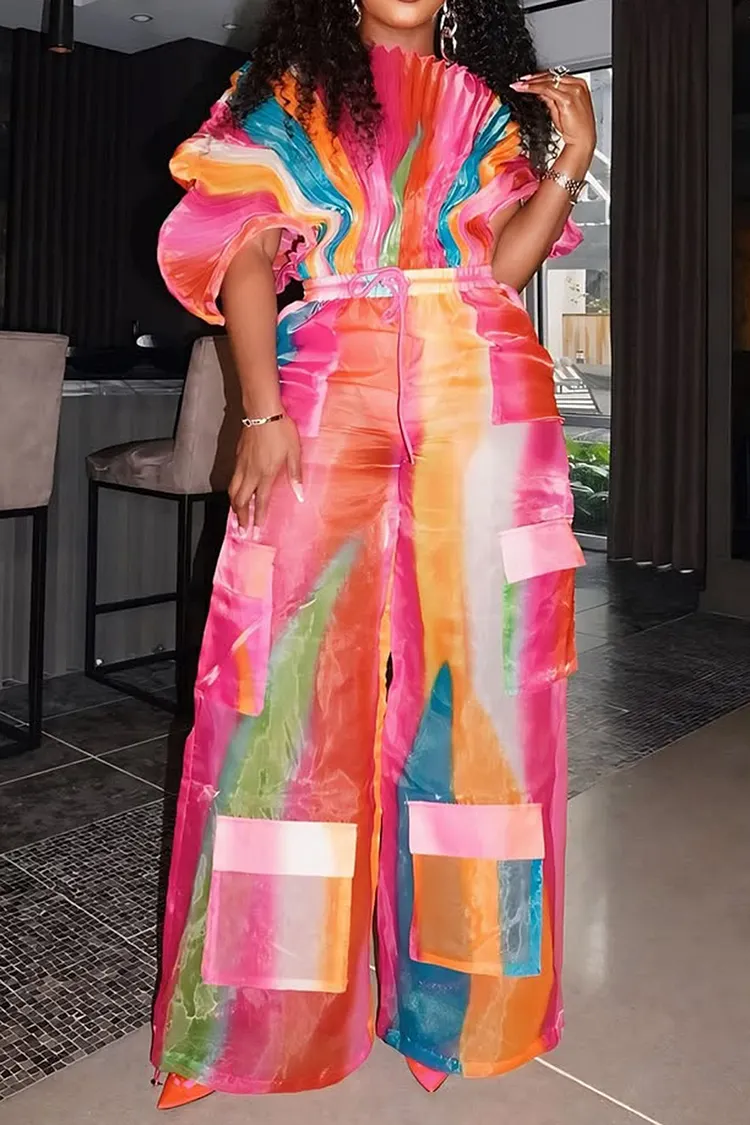 Plus Size Daily Hot Pink Gradient Round Neck Batwing Sleeve Half Sleeve Cargo Pleated Two Piece Pant Sets 2024 - Xpluswear