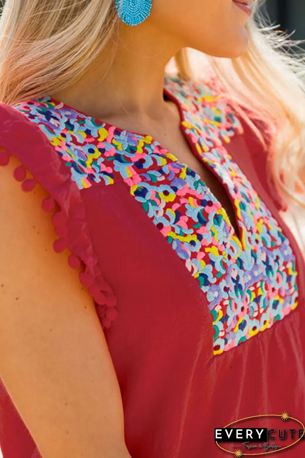 Red Boho Print Pompom Sleeve Shift Dress