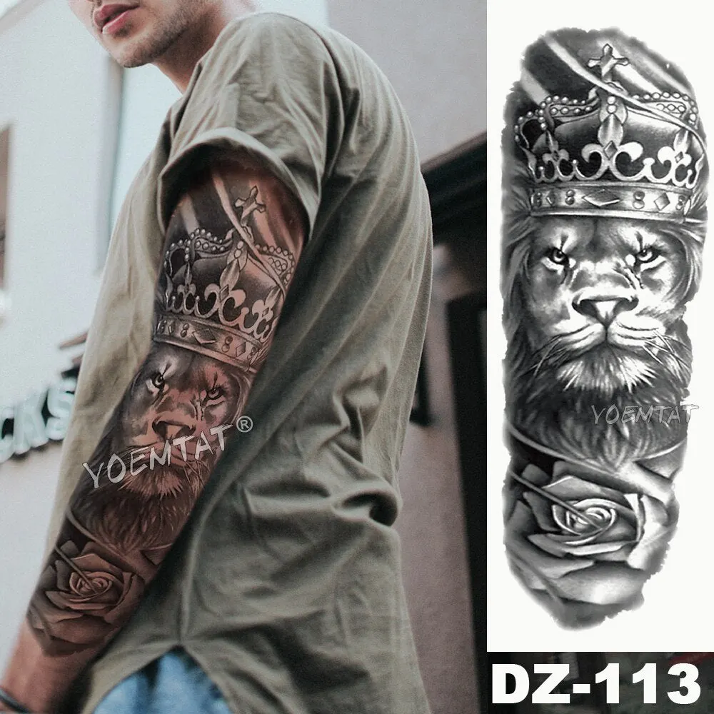Large Arm Sleeve Tattoo Sketch Lion Tiger Waterproof Temporary Tattoo Sticker Crow Warrior Soldier Men Full Skull Totem Tattoo