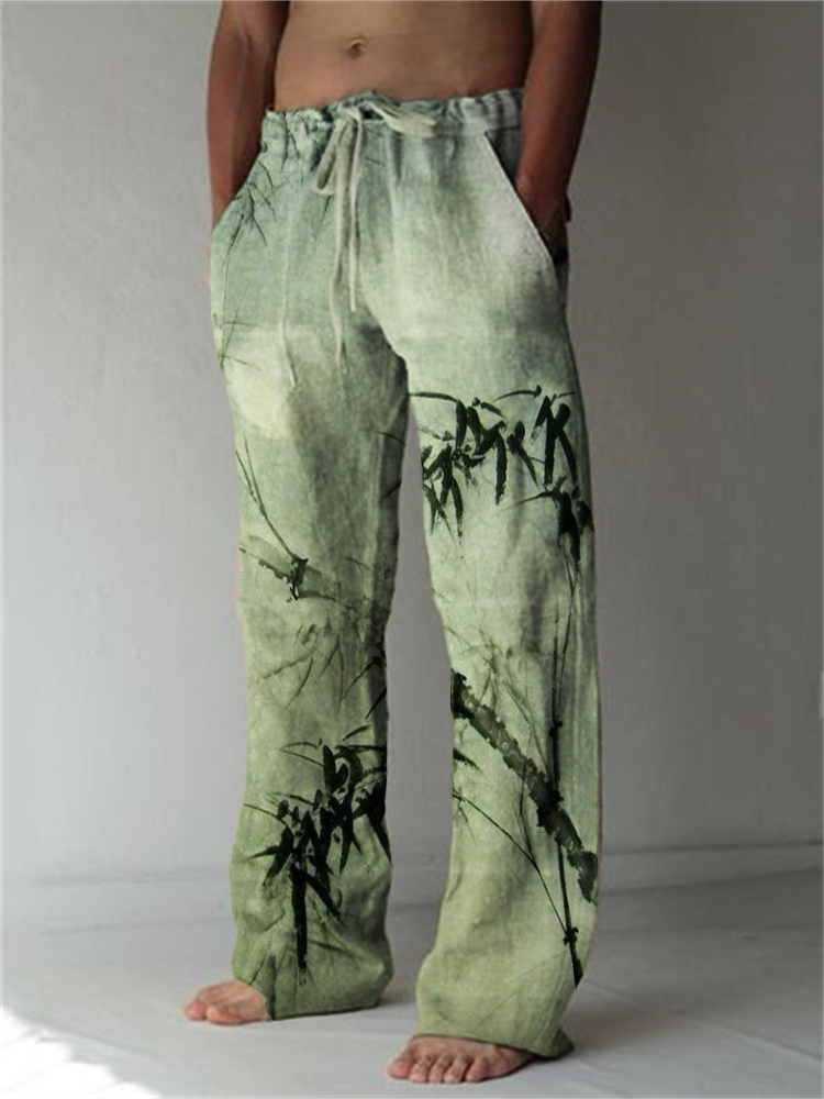 Bamboo Forest Full Moon Japanese Linen Blend Casual Pants  artssus