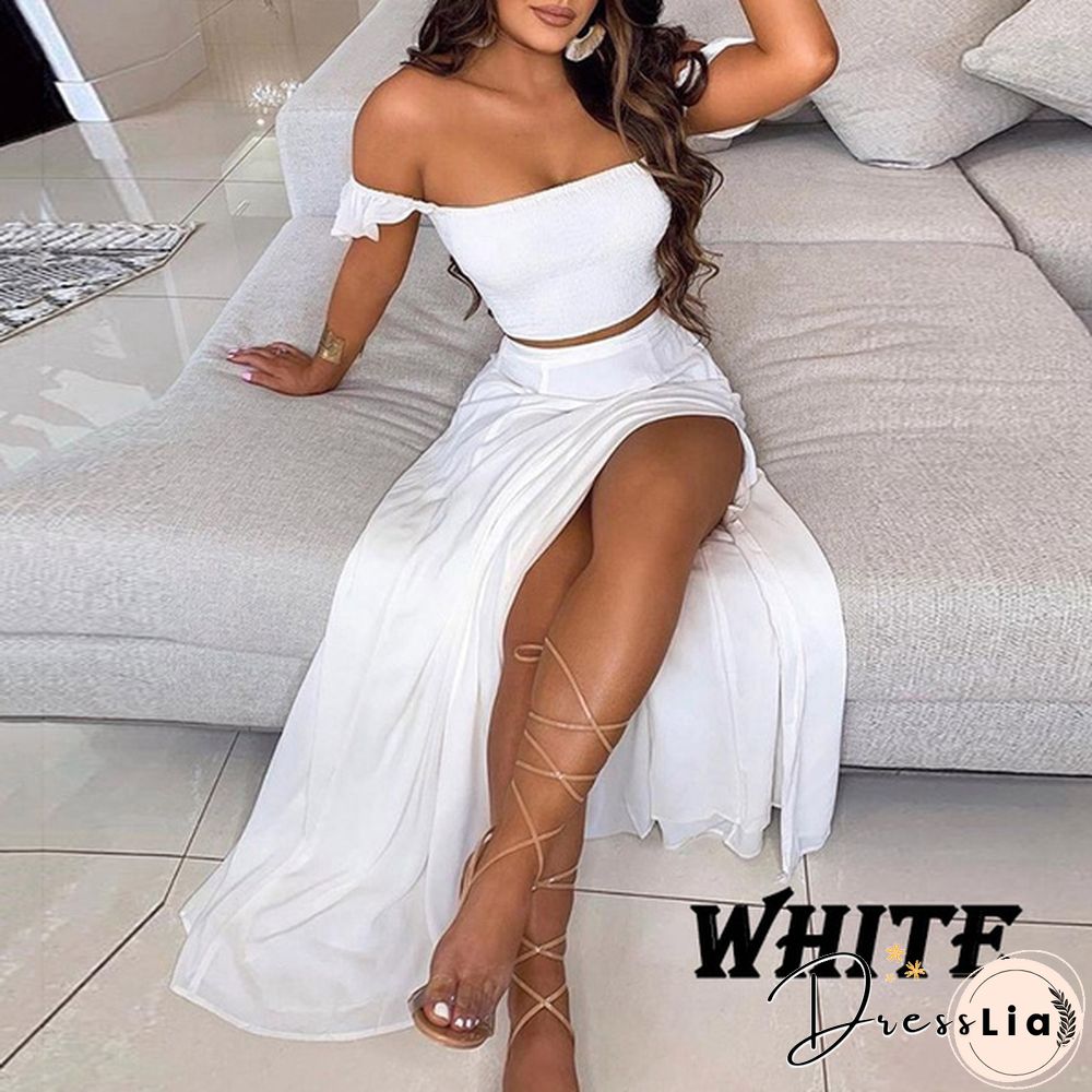 New Women's Sexy Tube Top Print Dress Split Long Skirt Summer Off-Shoulder Beach Dress Mini Skirt Set Plus Size