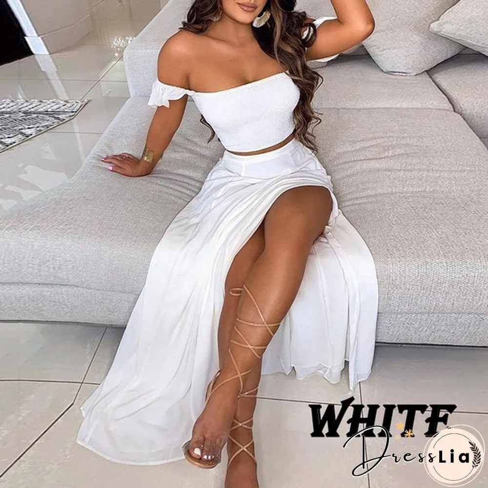 New Women's Sexy Tube Top Print Dress Split Long Skirt Summer Off-Shoulder Beach Dress Mini Skirt Set Plus Size