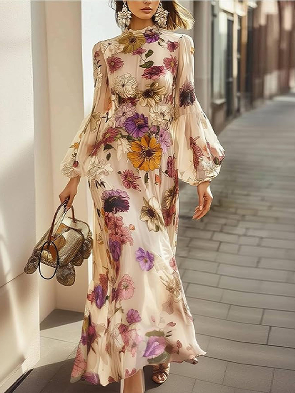 Beige Round Neck Long Sleeves Printed Maxi Dress