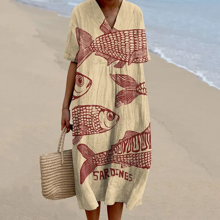Vintage Sardines Fish Art Pattern Printed Women's Flowy Dress