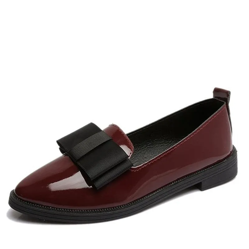 Spring Flats Women Shoes Bowtie Loafers Patent Leather Elegant Low Heels Slip on Footwear Female Pointed Toe Thick Heel