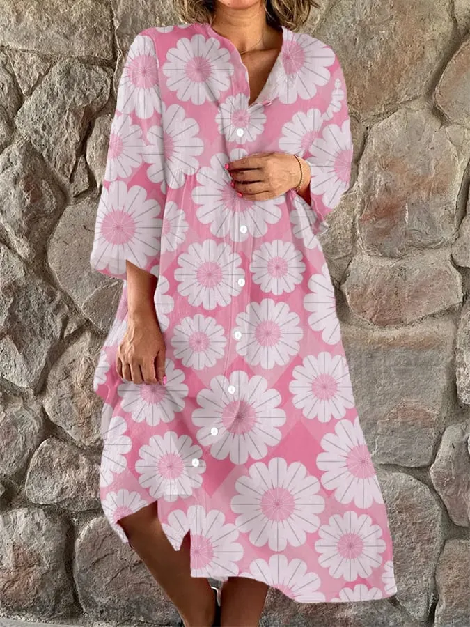 Women's Art Botanical Floral Print Single Breasted Pocket Dress