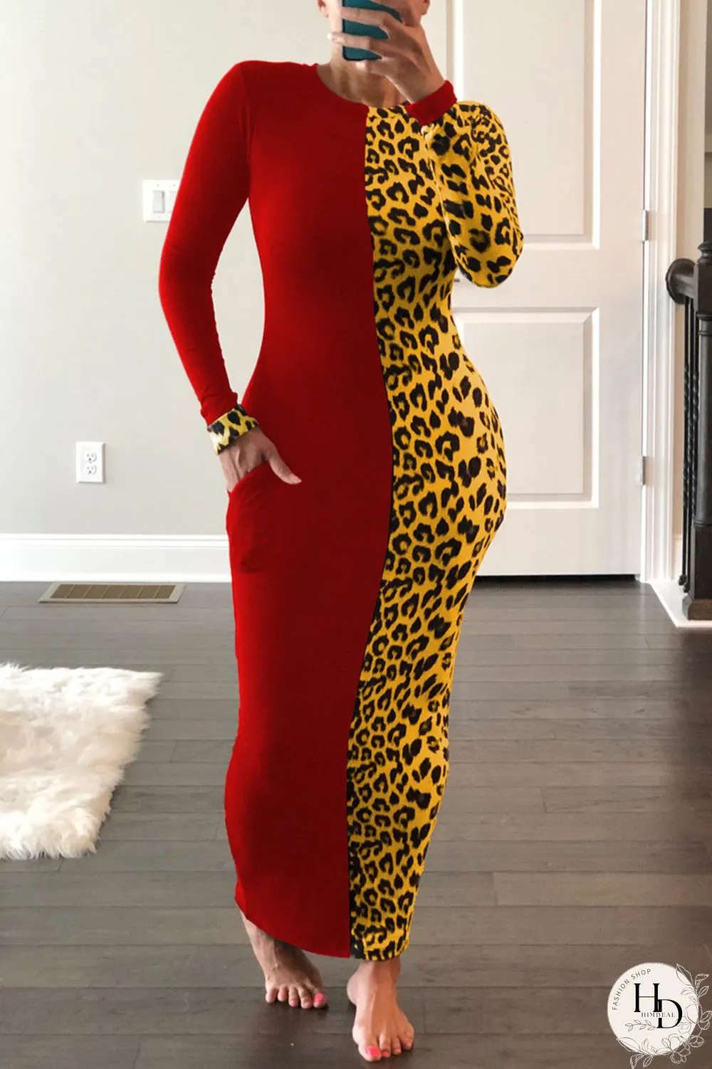 Rose Red Fashion Casual Print Leopard Split Joint O Neck Long Sleeve Dress
