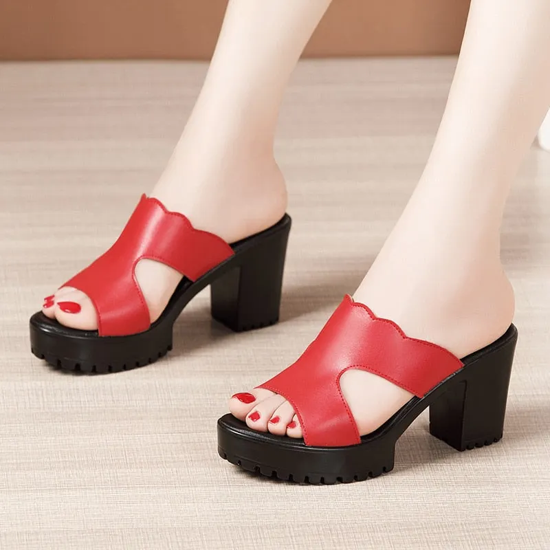 Heel Platform Slippers Women Wedding Shoes Summer 2021 Leather Slippers High Heels Slides Ladies Slipper