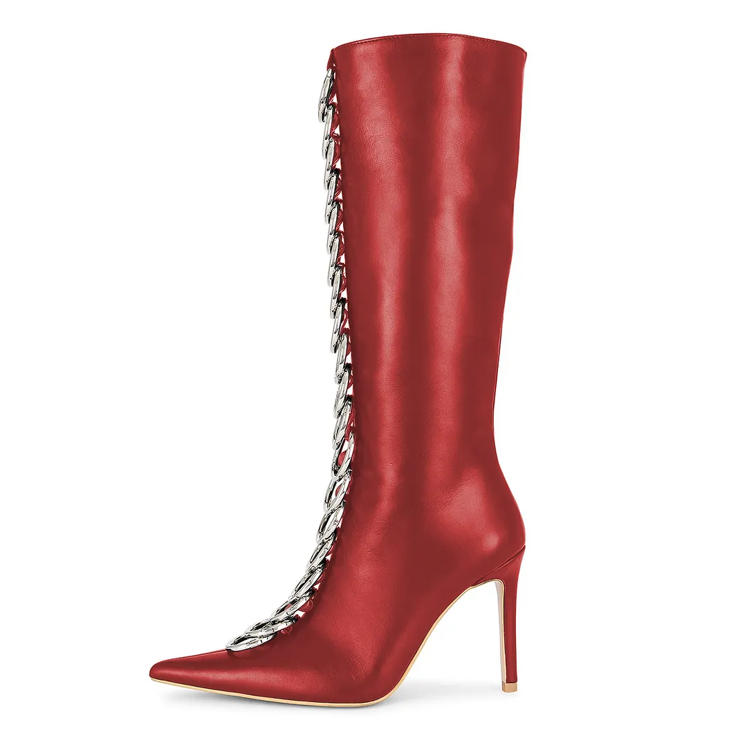 Red Vegan Leather Pointed Multiple Silver Ring Decor Knee High Boots