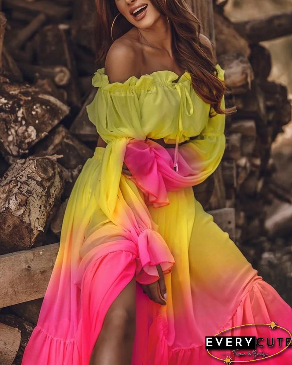 Tie Dye Long Sleeve Blouse With Loose Midi Skirts Suit Sets P15917