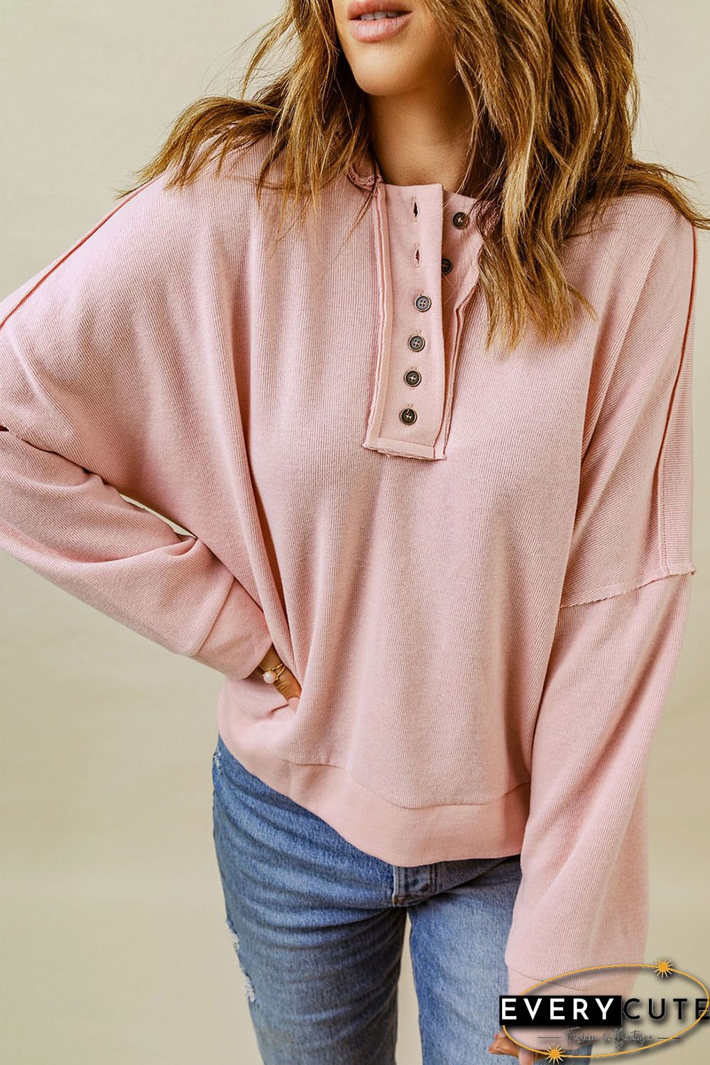 Pink Casual Button Solid Patchwork Trim Hoodie