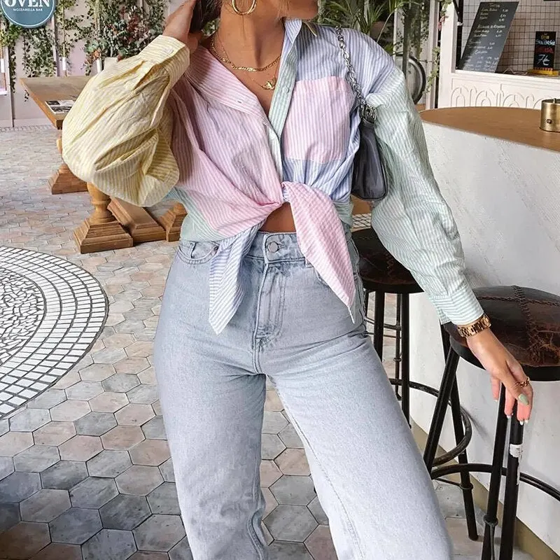 Stylish Chic Contrast Color Striped Pacthwork Loose Blouse Women 2021 Fashion Lapel Collar Pocket Shirts Girls Casual Tops