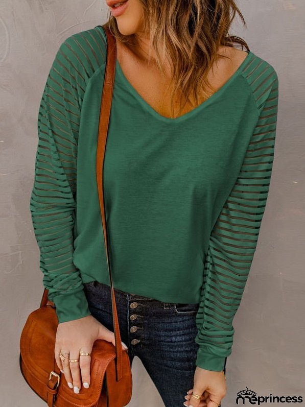 Stripe Long Sleeve Large Fashion Simple V-Neck T-Shirt