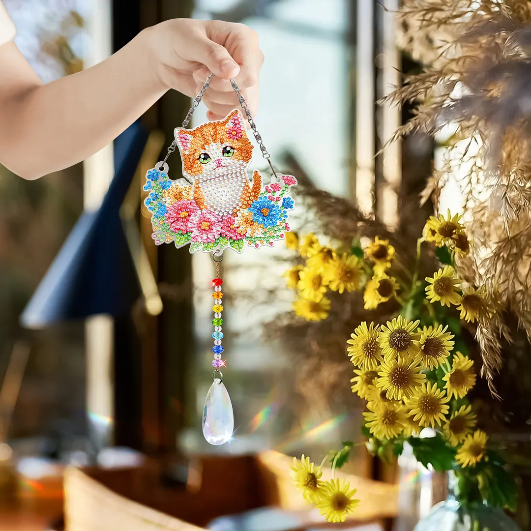 2Pcs Flower Kitten DIY Acrylic Diamond Painting Art Wind Chimes with Crystal Pendant Diamond Art Hanging Pendant Double-Sided for Adults Beginners Gift Home Garden Decor