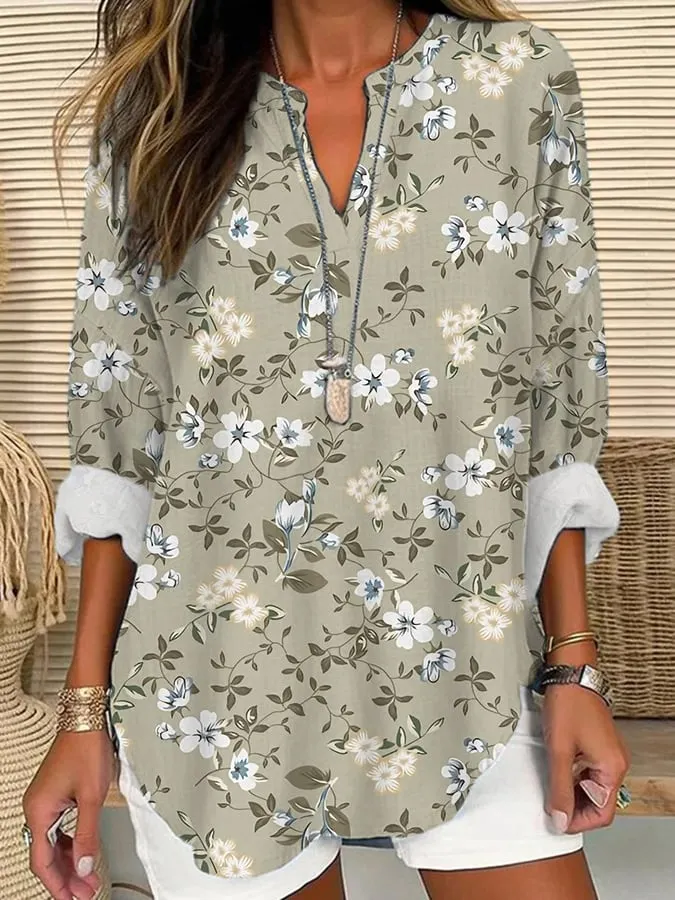 Women's Retro Floral Loose Casual Long Sleeve V-Neck Shirt