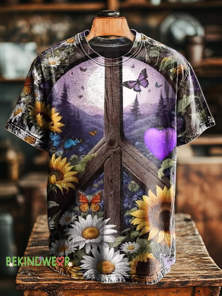 Fantasy Peace Butterfly Sunflower Floral Print Casual Round Neck Short Sleeve T-Shirt Multicolor / S