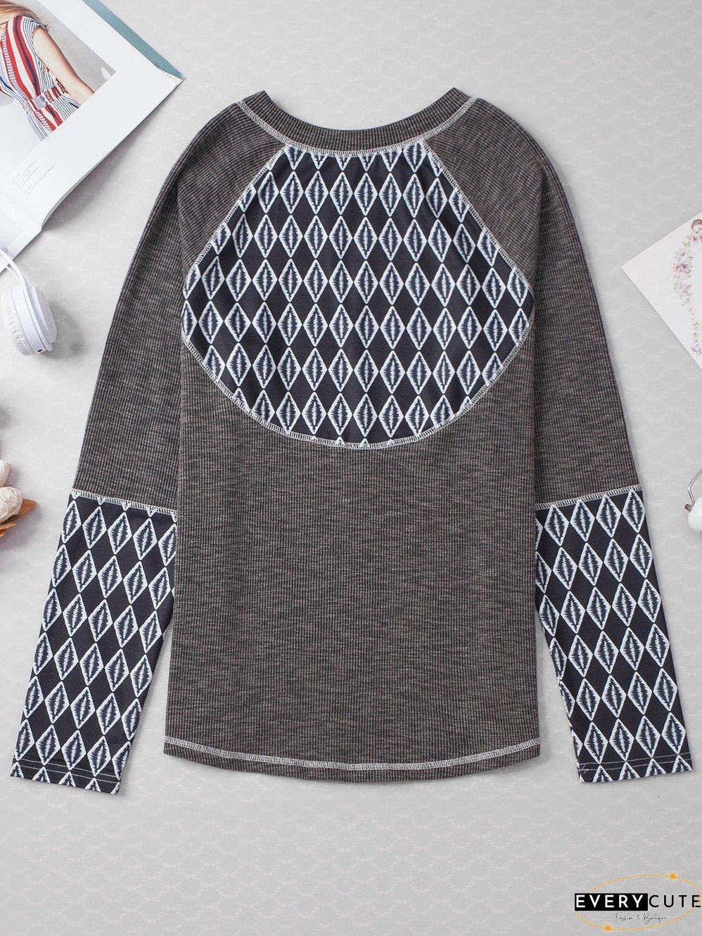 Cozy Gray Aztec Patterned Ribbed Top