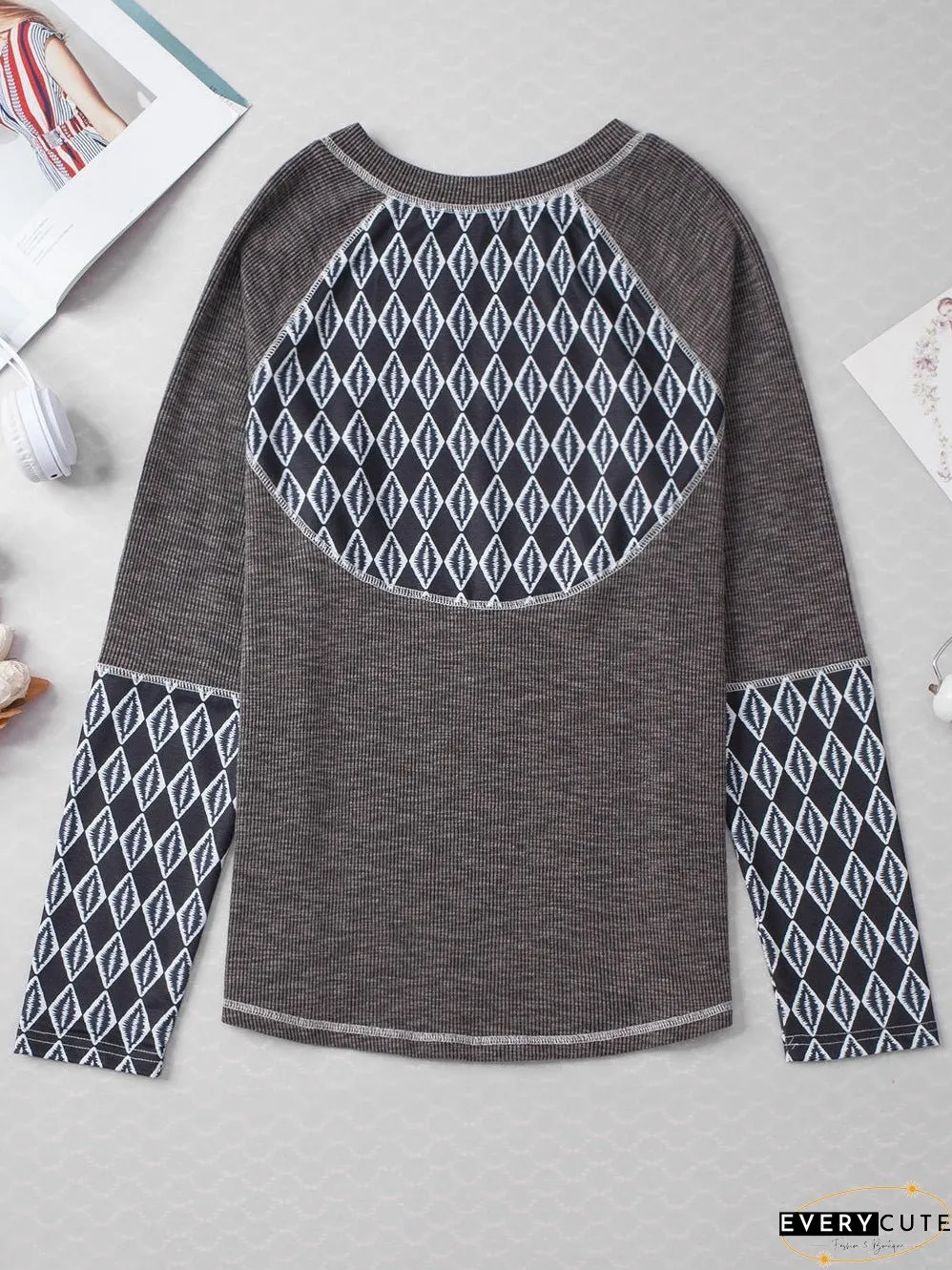 Cozy Gray Aztec Patterned Ribbed Top
