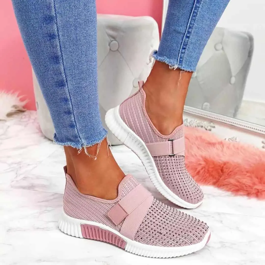 Women Casual Sneakers New Bling Rhinestone Ladies Shoes Slip On Comfortable Sole Running Walking Shoes Female Flat Mesh Shoes