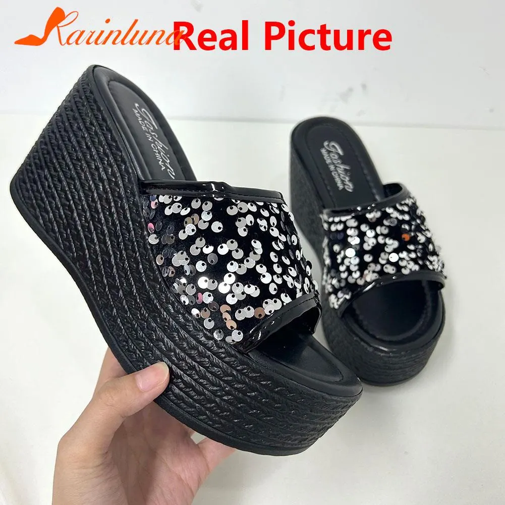 Breakj Wedge High Heeled Women Sandals New Arrived 2023 Bling Sequin Lady Slipper Peep Toe Comfort Walk Causal Sandals Plus Size
