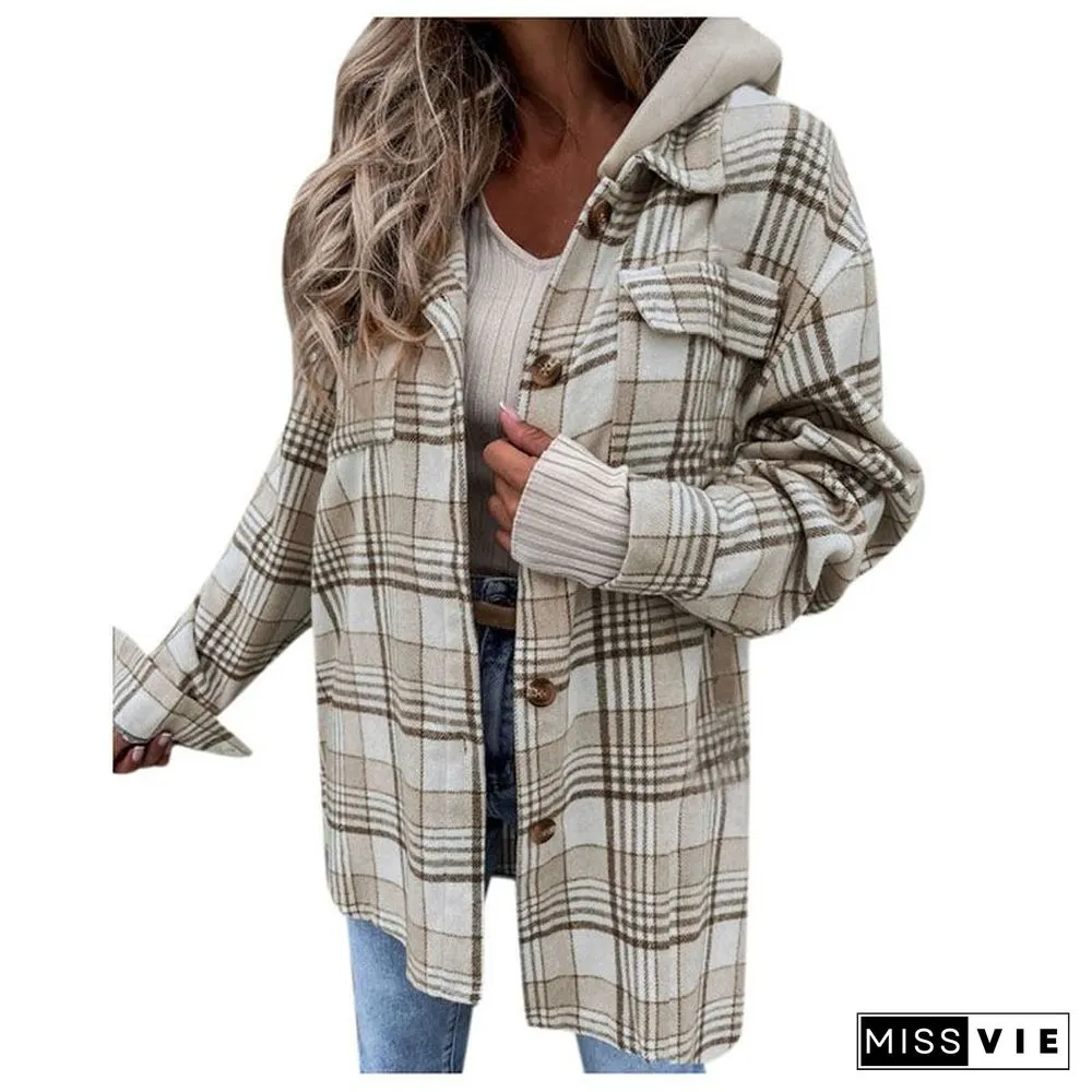 Oversizd Fit Button Up Hoodies Casual Multi Colored Hooded Flannel Shirt