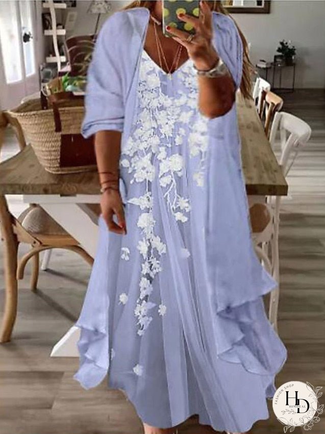 Plus Size Casual Dress Dress Set Two Piece Dress Floral Long Dress Maxi Dress 3/4 Length Sleeve Print V Neck Fashion Daily Pink Blue Spring Summer L XL XXL 3XL for Women