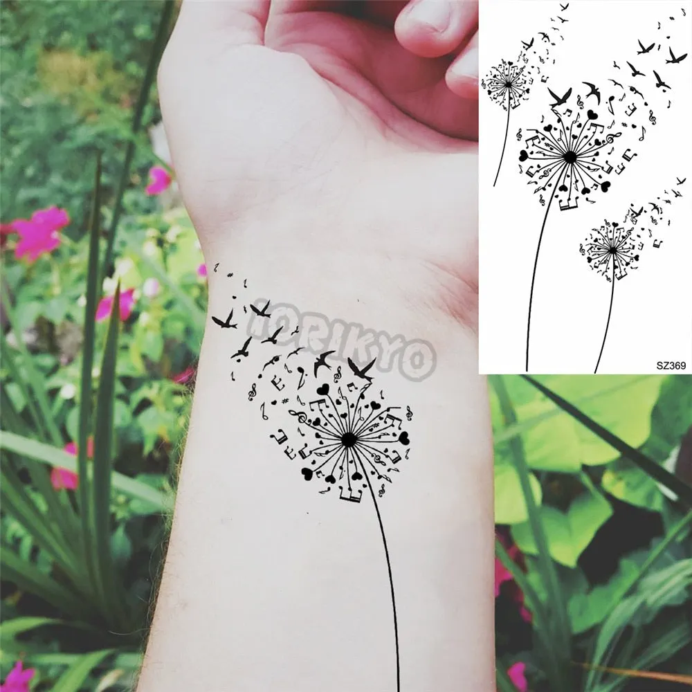 Black Dandelion With Creative Tattoos For Women Men Realistic Sea Wave Mountain Lavender Fake Tattoo Sticker Arm Leg Tatoos 3D
