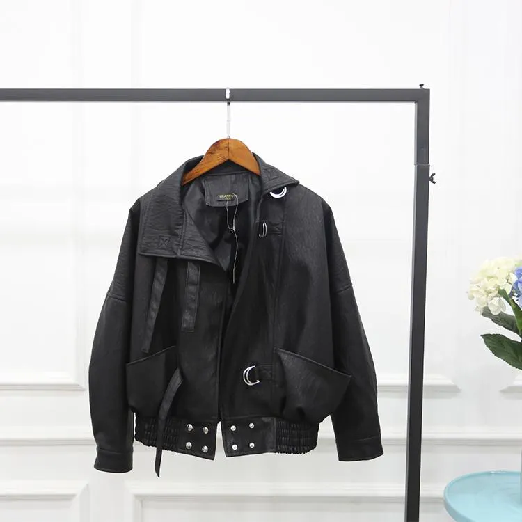 FTLZZ New Fashion Street Faux Leather Jacket Women Casual Loose Batwing Sleeve Washed Pu Leather Coat Biker Jackets