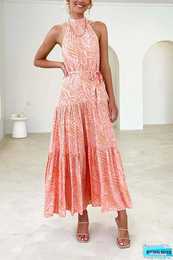 Elegant Loose Fashion Trend Print Lace Up Swing Dress