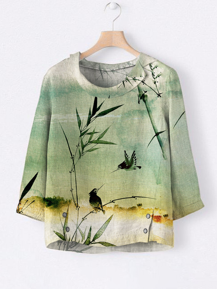 Japanese Bamboo & Bird Print Linen Lapel Shirt