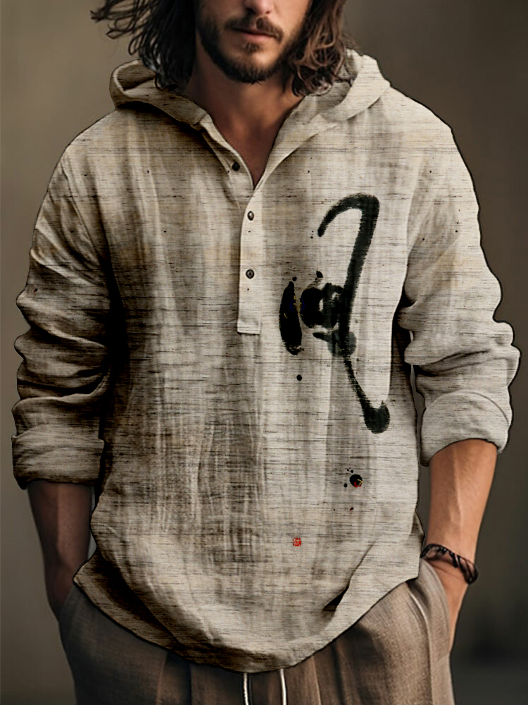 Wind Character Japanese Art Linen Blend Hooded Shirt  artssus