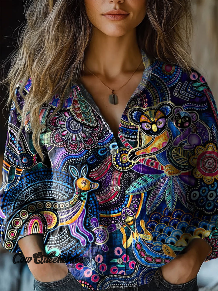 Women&rsquo;s Australian Animal Aboriginal Art Print Comfort Shirt Blue / S