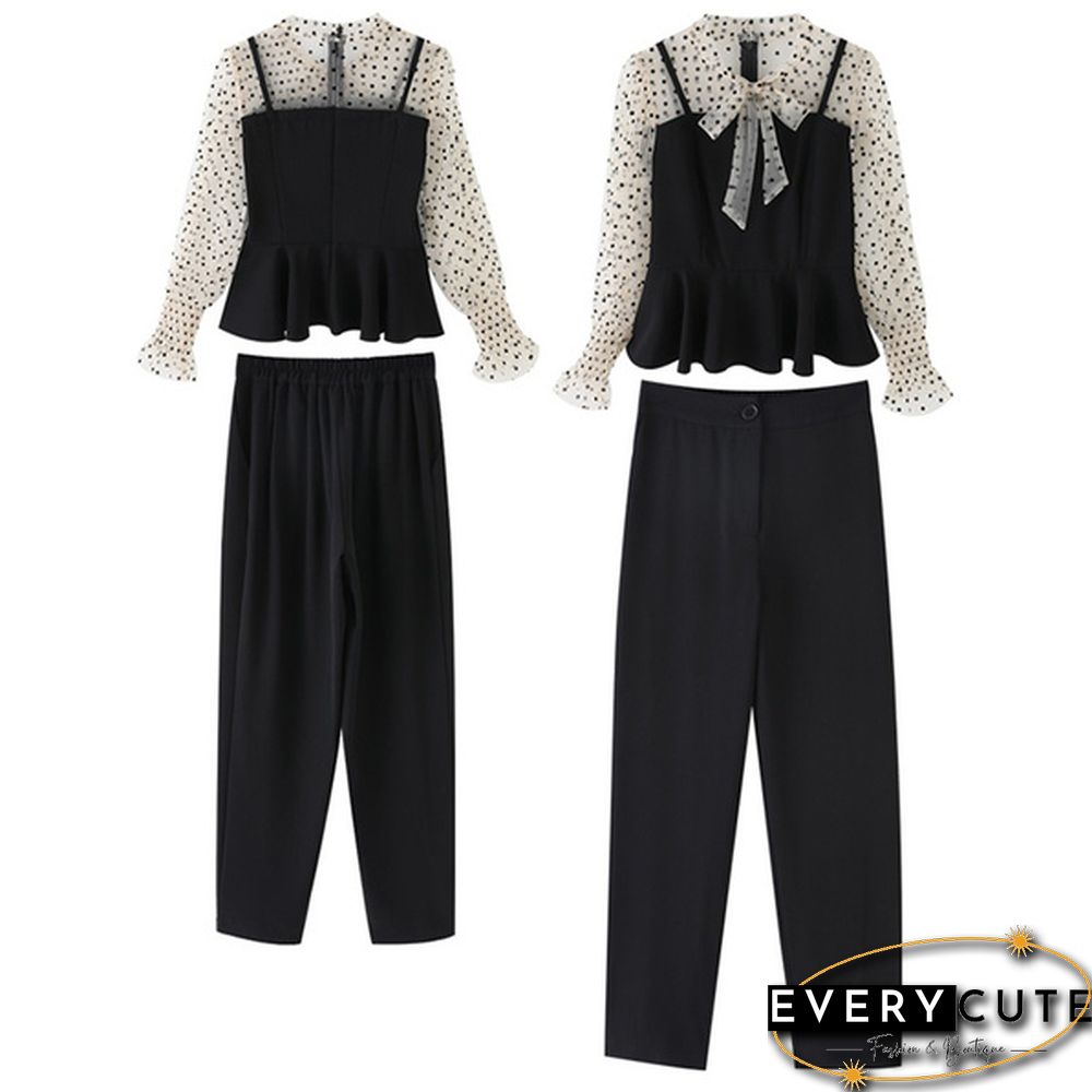Office Fashion Two Piece Pants Sets Outfits Women Bow Dot Print Patchwork Tunics Tops + Pants Suits Korean Workwear Sets