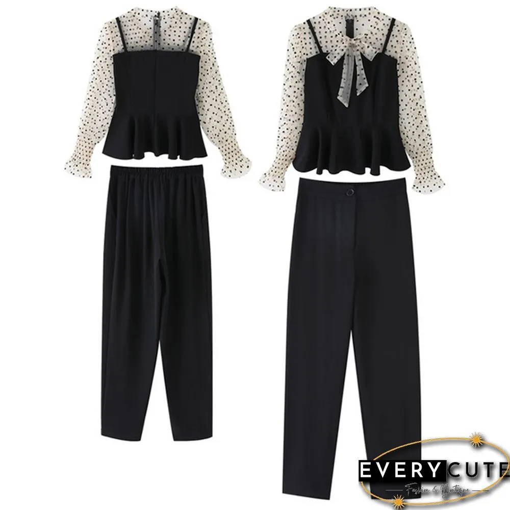Office Fashion Two Piece Pants Sets Outfits Women Bow Dot Print Patchwork Tunics Tops + Pants Suits Korean Workwear Sets