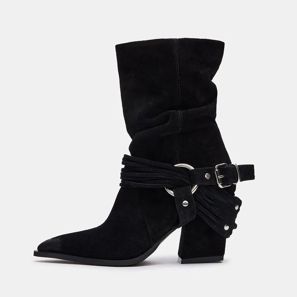 Classic Black Pointed Toe Chunky Heel Buckle Short Boots for Women