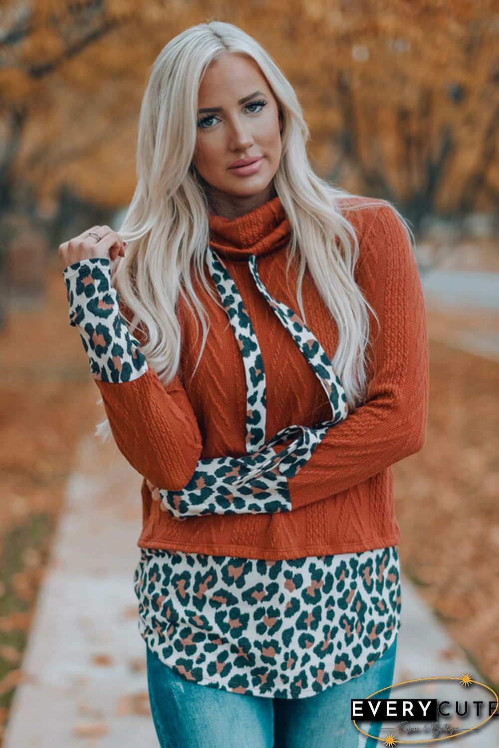 Leopard Patchwork Cowl Neck Knit Top