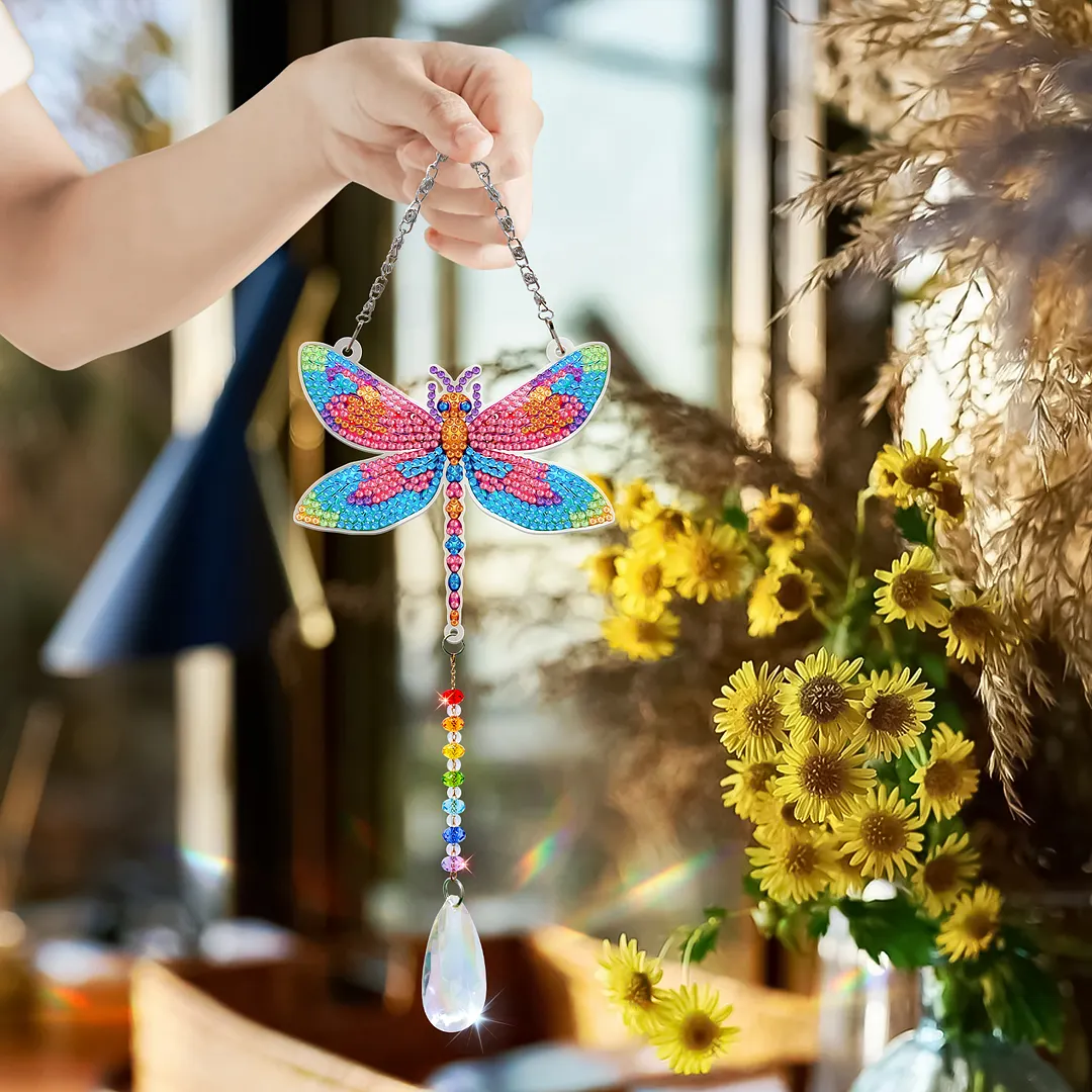 2Pcs Dragonfly DIY Acrylic Diamond Painting Art Wind Chimes with Crystal Pendant Diamond Art Hanging Pendant Double-Sided for Adults Beginners Gift Home Garden Decor
