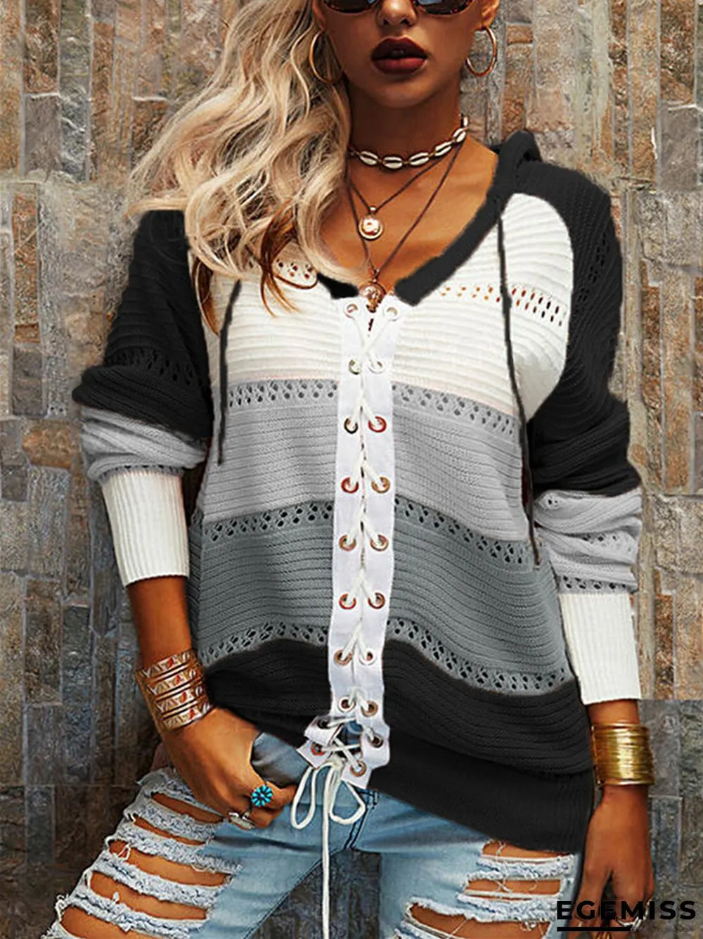 Cardigan Strap Long Sleeve Contrast Color Stitching Sweater | EGEMISS