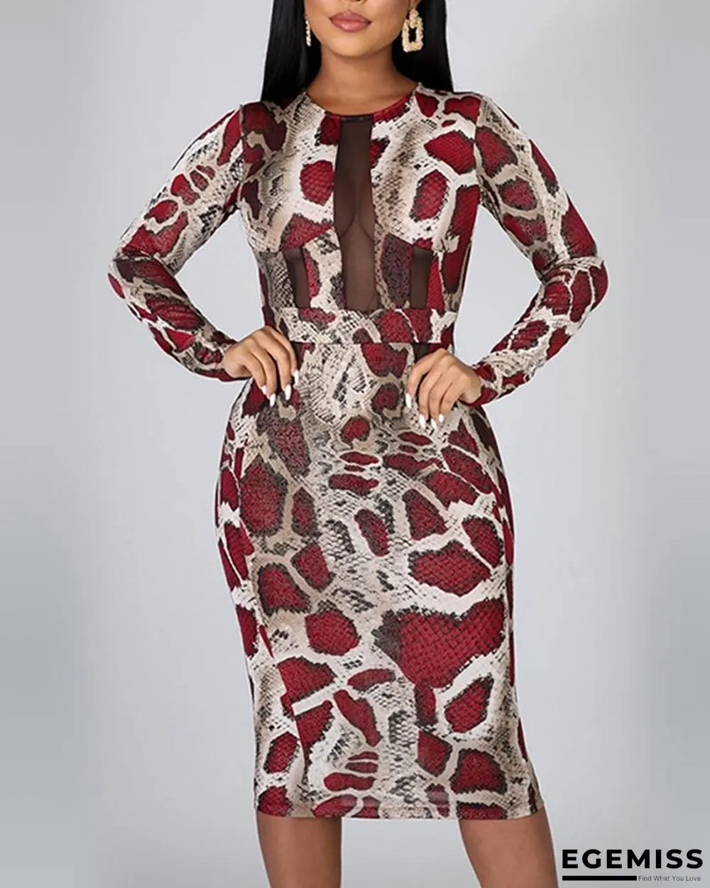 Snake Print Mesh Insert Bodycon Dress | EGEMISS