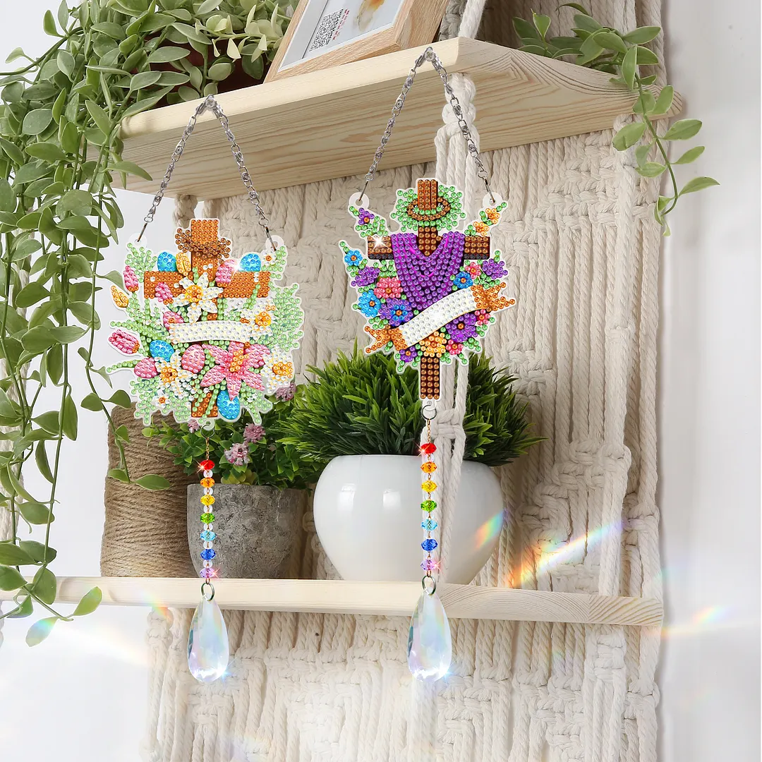 2Pcs Cross Faith DIY Acrylic Diamond Painting Art Wind Chimes with Crystal Pendant Diamond Art Hanging Pendant Double-Sided for Adults Beginners Gift Home Garden Decor