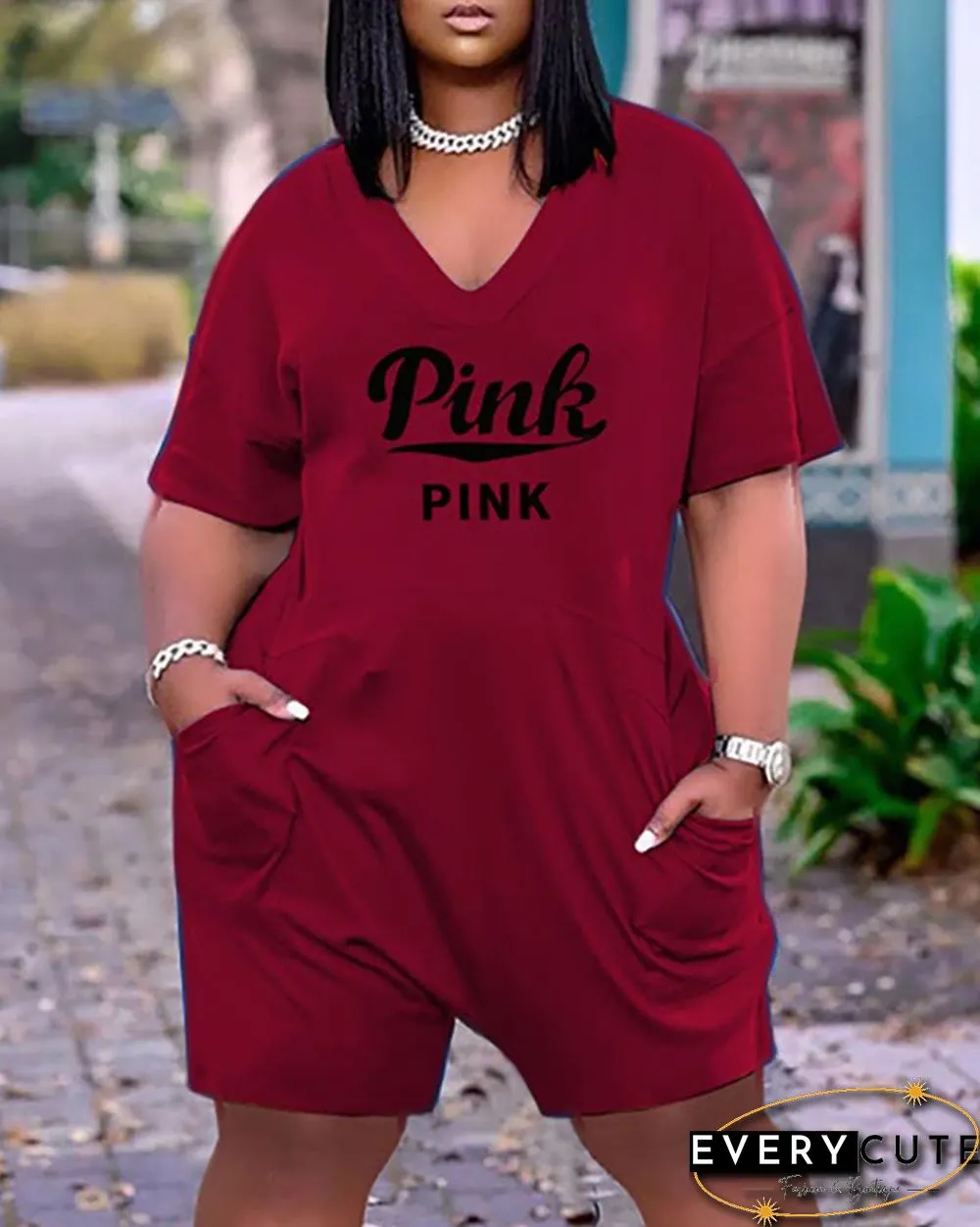 Pocket Design Letter Print Short Sleeve Romper