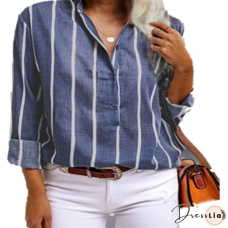 Women's Summer Shirt Striped Half Long Sleeve Blouses