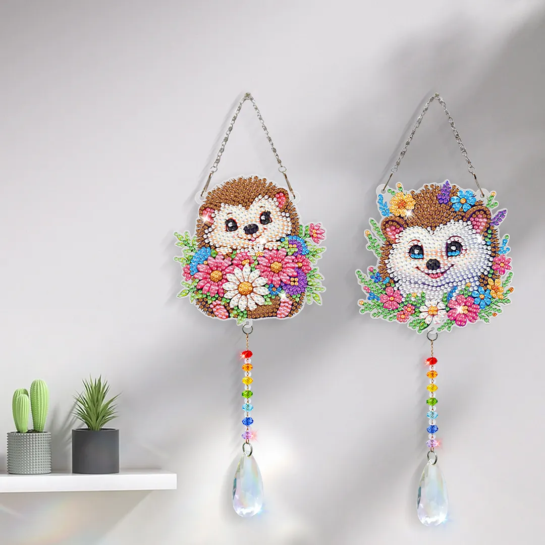 2Pcs Hedgehog DIY Double-Sided Diamond Painting Hanging Kits Diamond Painting Suncatcher Craft Kit for Home Garden Wall Decor Gift