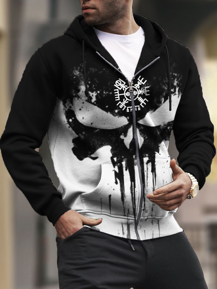 Men's Viking Vegvisir Skull Contrast Full Zip Hoodie
