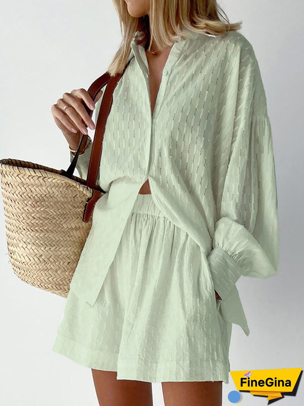 Women'S Sets Jacquard Long Sleeve Shirt & Shorts Two Piece Set