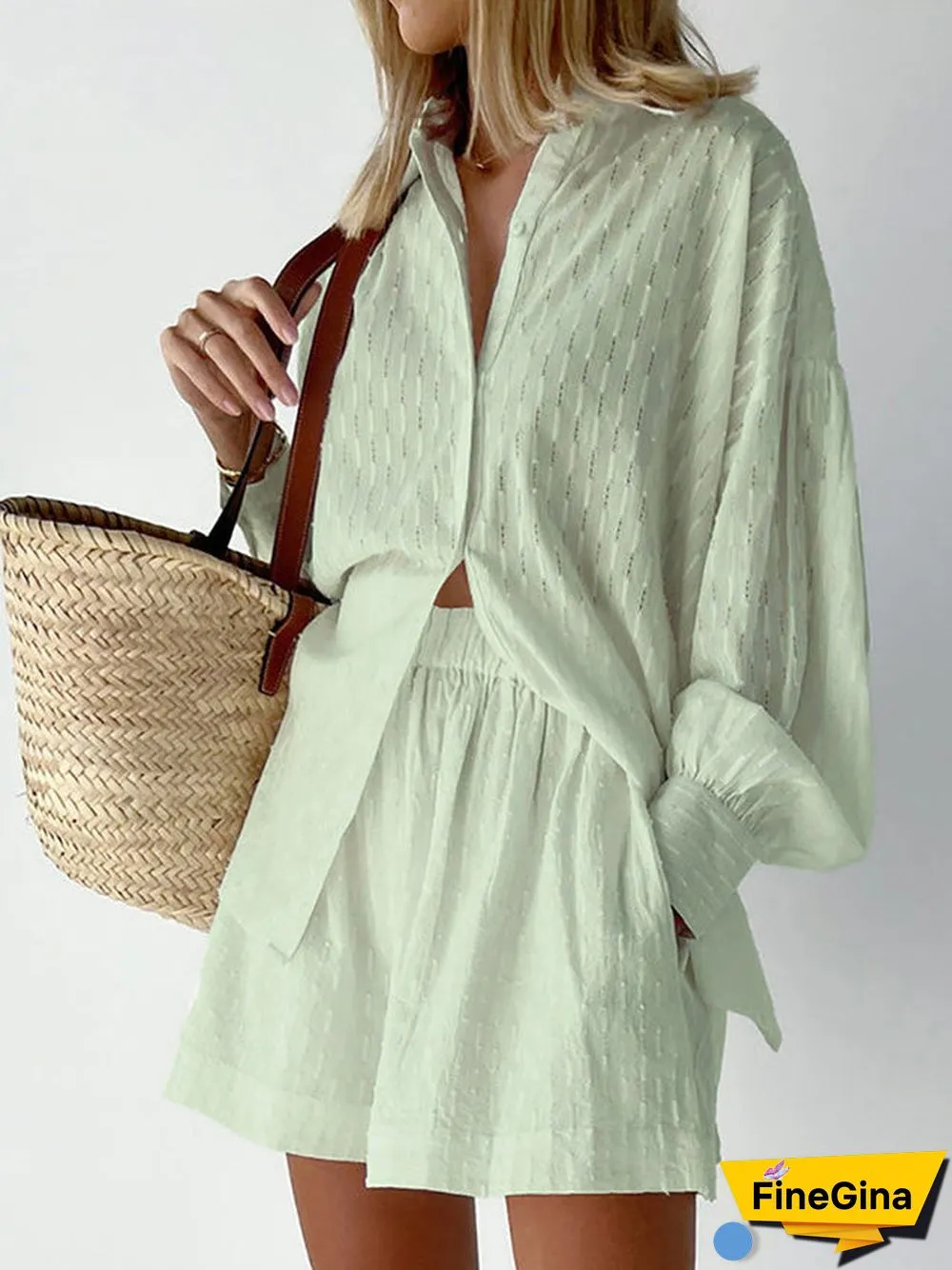 Women'S Sets Jacquard Long Sleeve Shirt & Shorts Two Piece Set