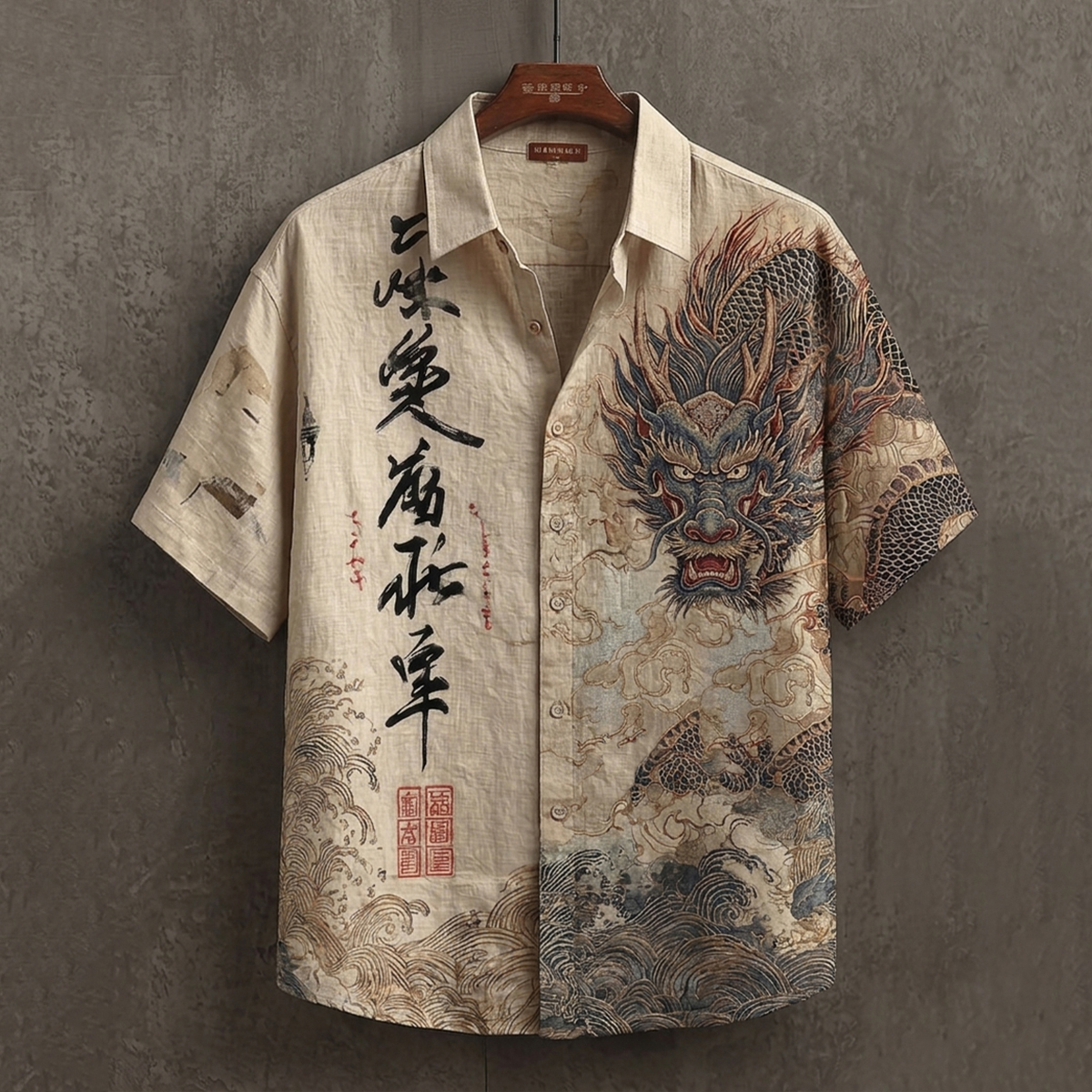 Comstylish Men's Retro Dragon Wave Art Print Short Sleeve Shirt